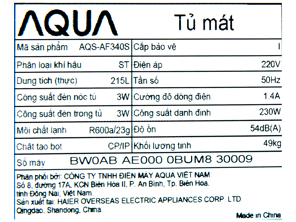 Tủ Mát Aqua 215 lít AQS-AF340S