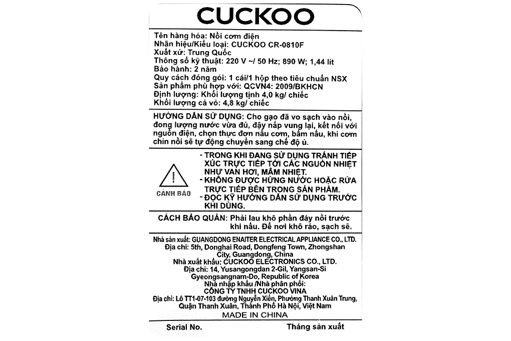 Nồi cơm điện Cuckoo 1.5 lít CR-0810F