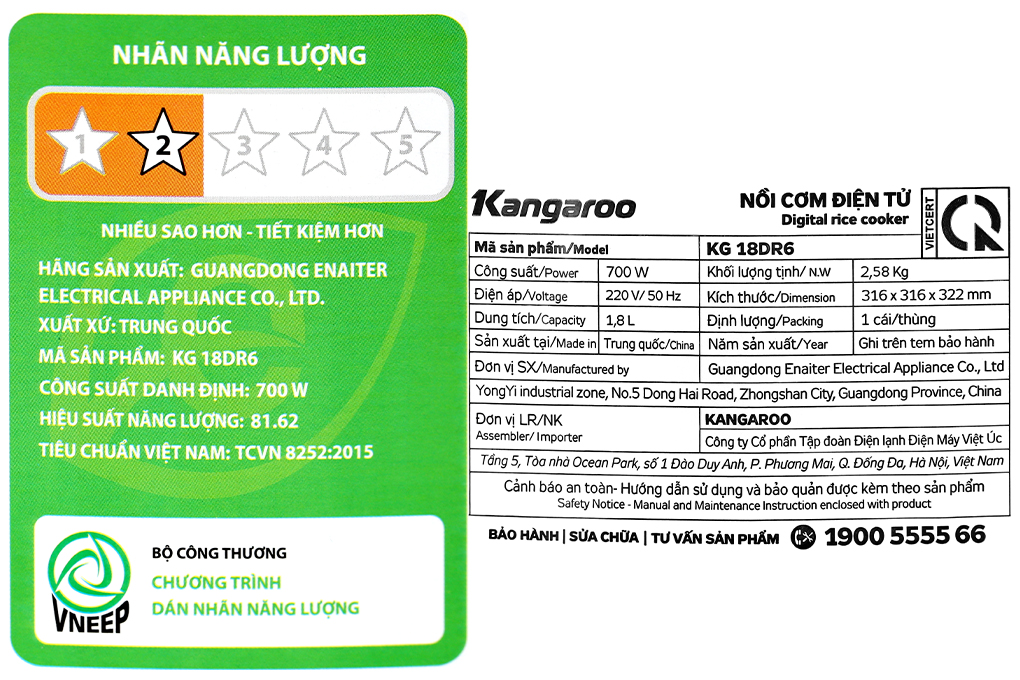 Nồi cơm điện tử Kangaroo 1.8 lít KG18DR6