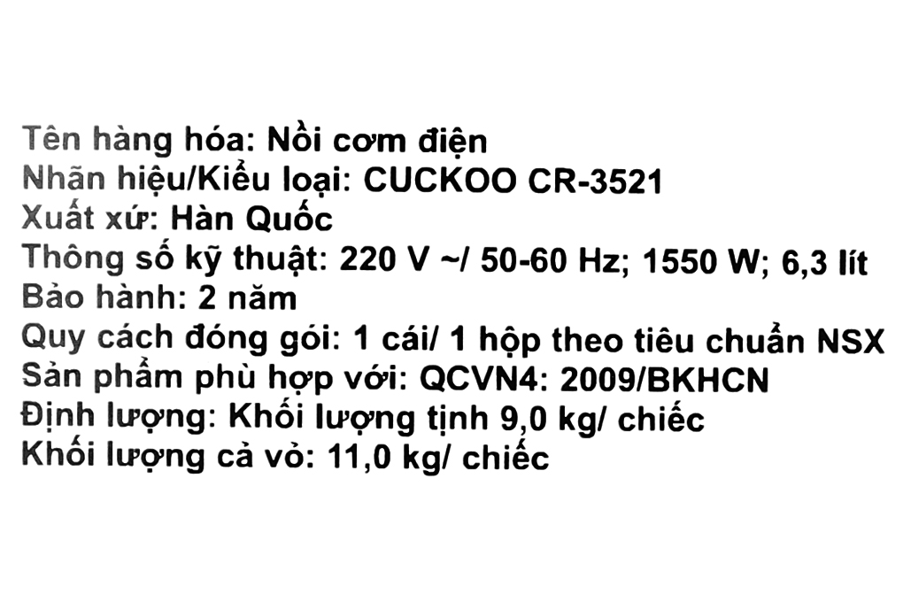 Nồi cơm công nghiệp nắp gài Cuckoo 6.3 lít CR-3521/RWVNCV