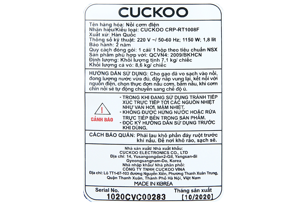 Nồi cơm áp suất điện tử Cuckoo 1.8 lít CRP-RT1008F/BKTSVNCV