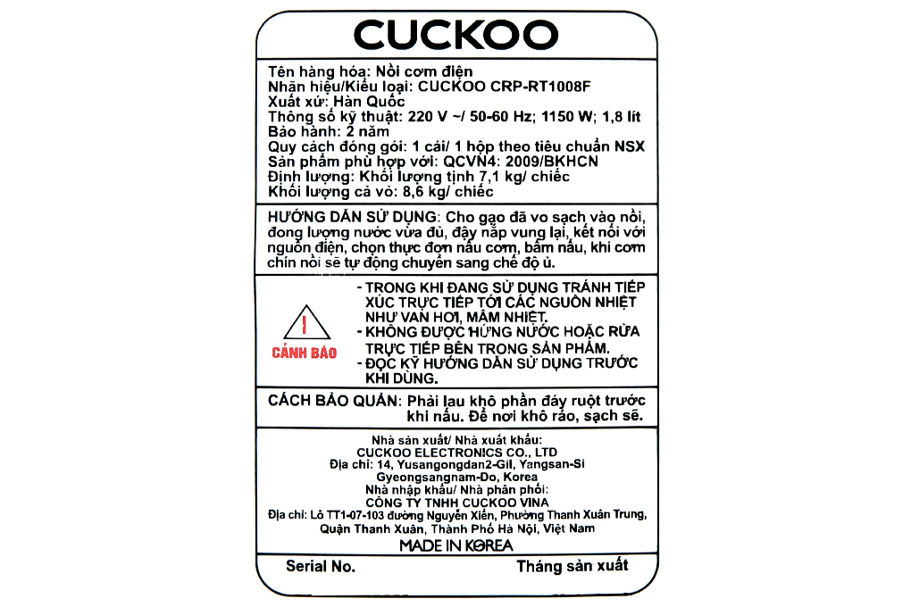 Nồi cơm áp suất điện tử Cuckoo 1.8 lít CRP-RT1008F/WHPGVN