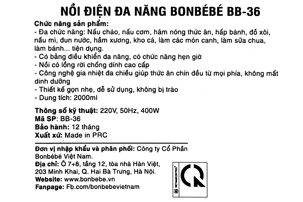 Nồi nấu đa năng Bonbébé 1.5 lít BB-36 Xanh