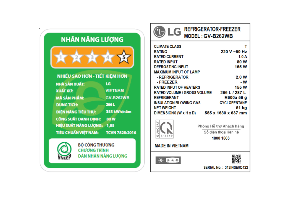 Tủ lạnh LG Inverter 266 Lít GV-B262WB giá tốt
