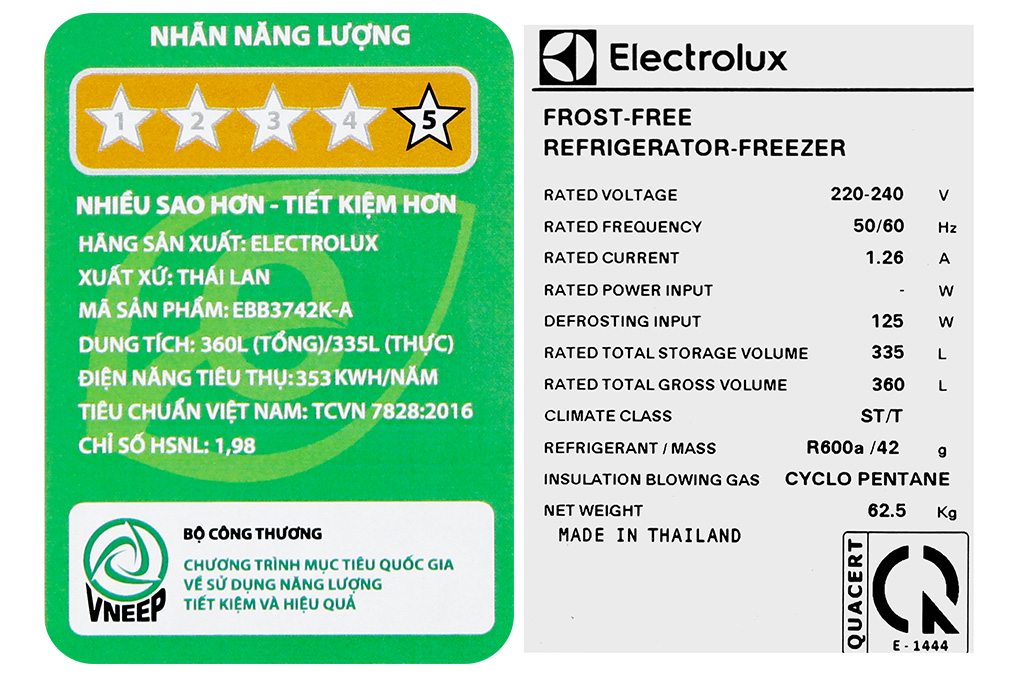 Tủ lạnh Electrolux Inverter 335 Lít EBB3742K-A