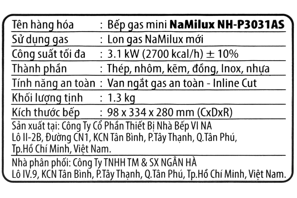 Bếp gas mini Namilux NH-P3031AS