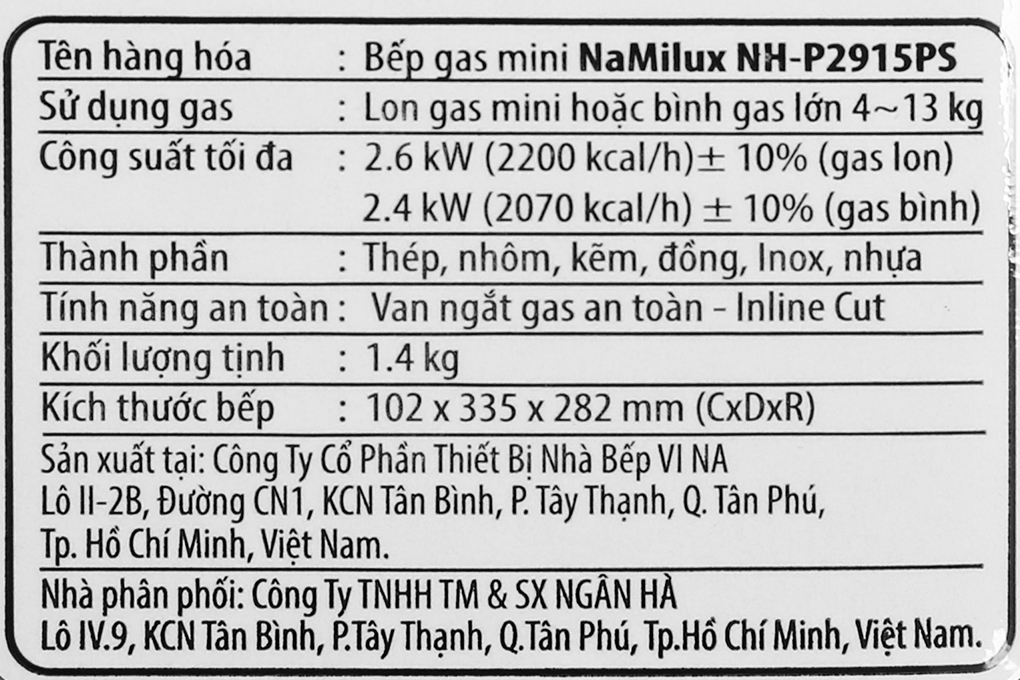 Bếp gas mini Namilux NH-P2915PS