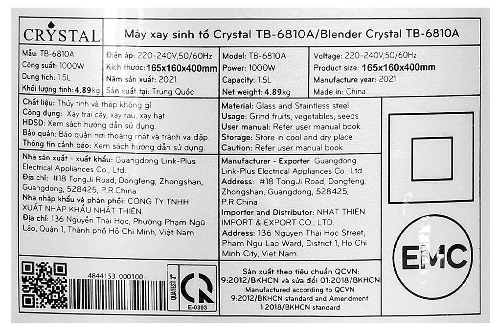 Máy xay sinh tố Crystal TB-6810A