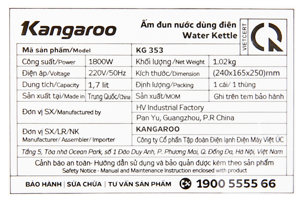 Bình đun siêu tốc Kangaroo 1.7 lít KG-353