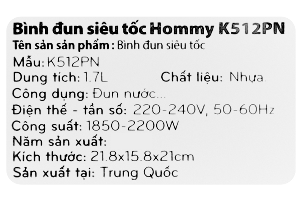 Bình đun siêu tốc Hommy 1.7 lit K512PN