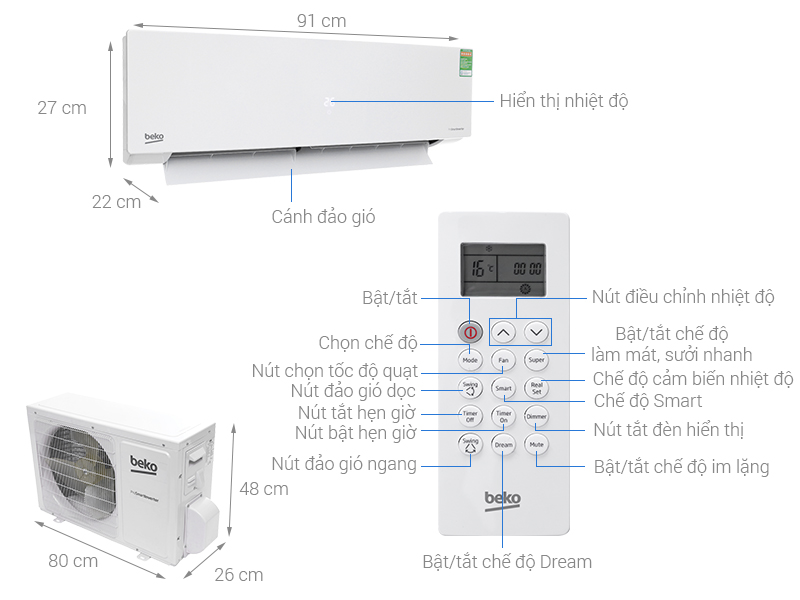 Máy lạnh Beko Inverter 1 HP RSVC10BV