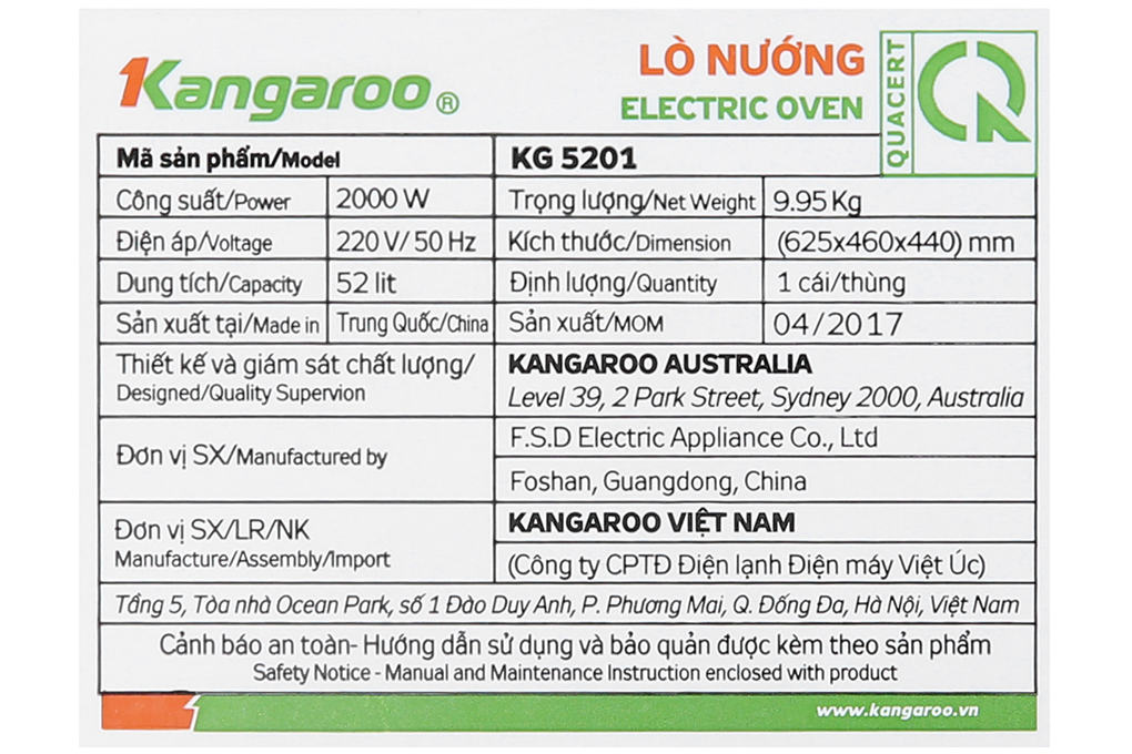 Lò nướng Kangaroo KG5201 52 lít