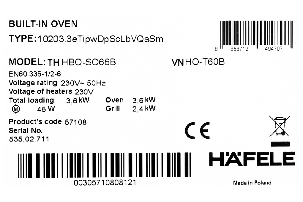 Lò nướng và hấp lắp âm Hafele HO-T60B (535.02.711) 65 lít