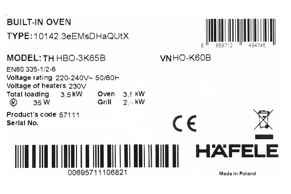 Lò nướng lắp âm Hafele HO-K60B (534.05.581) 65 lít