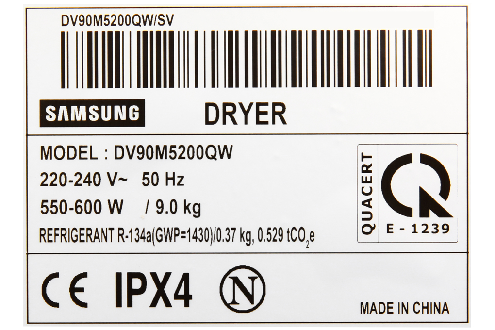 Máy sấy bơm nhiệt Samsung Inverter 9 Kg DV90M5200QW/SV