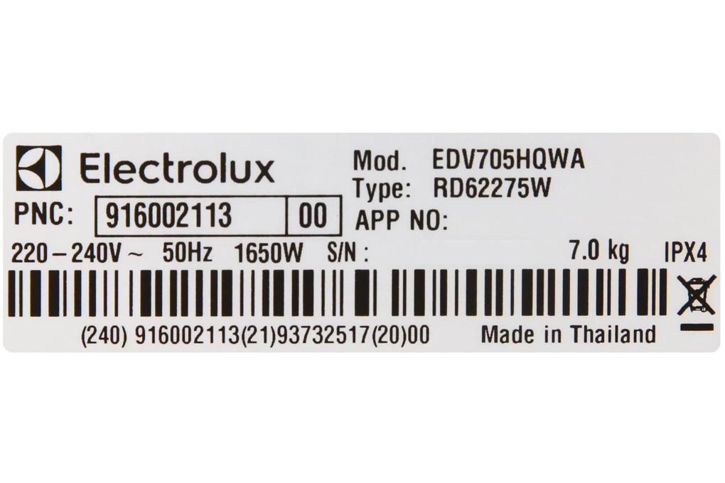 Máy sấy thông hơi Electrolux 7 Kg EDV705HQWA