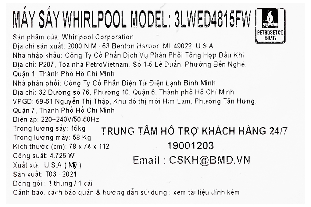 Máy sấy thông hơi Whirlpool 15 Kg 3LWED4815FW