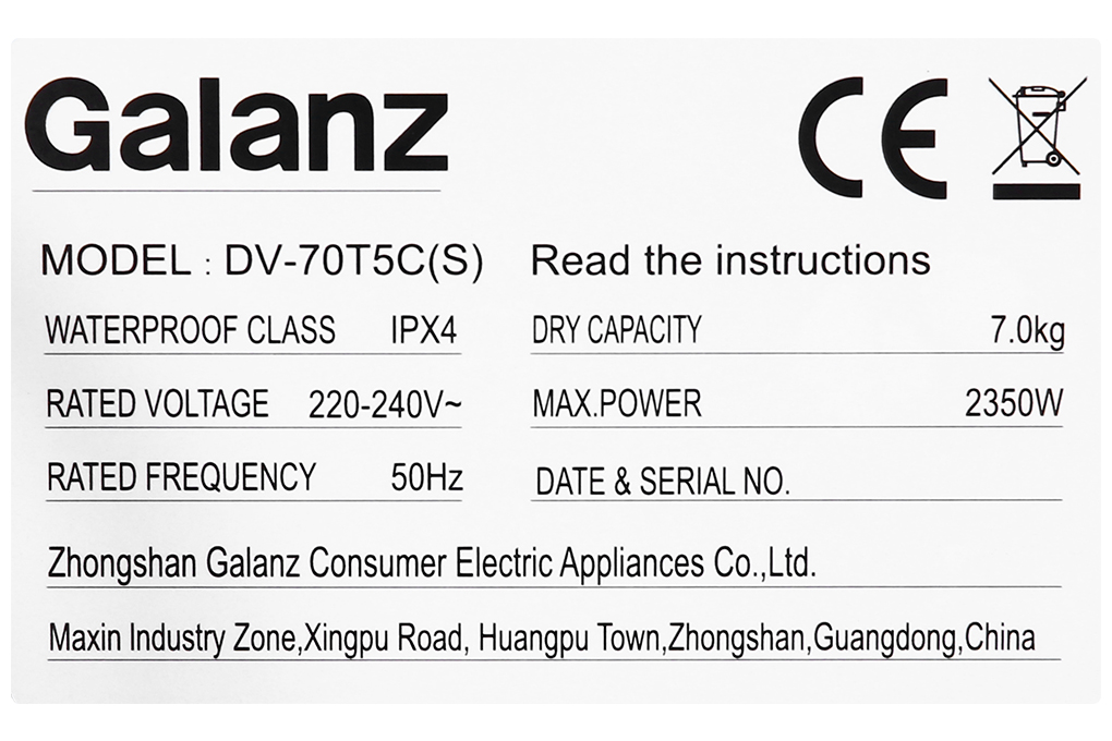Máy sấy thông hơi Galanz 7 Kg DV-70T5C(S)