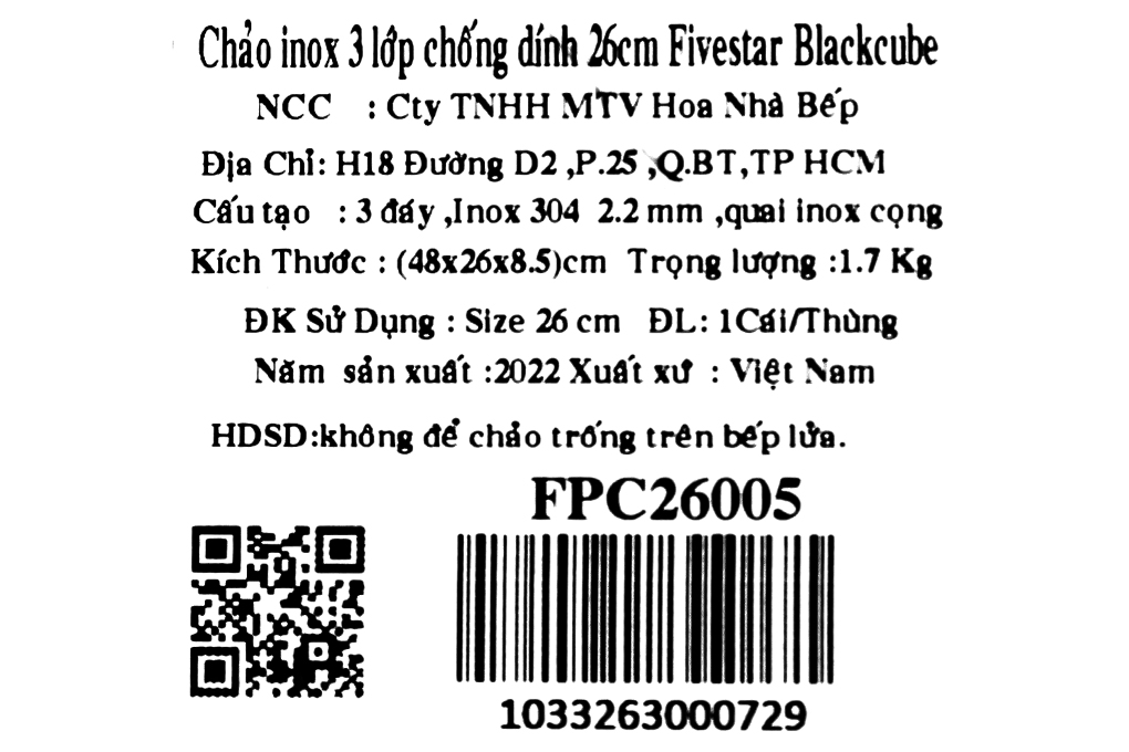 Chảo inox chống dính đáy từ 26 cm Fivestar Blackcube FPC26005