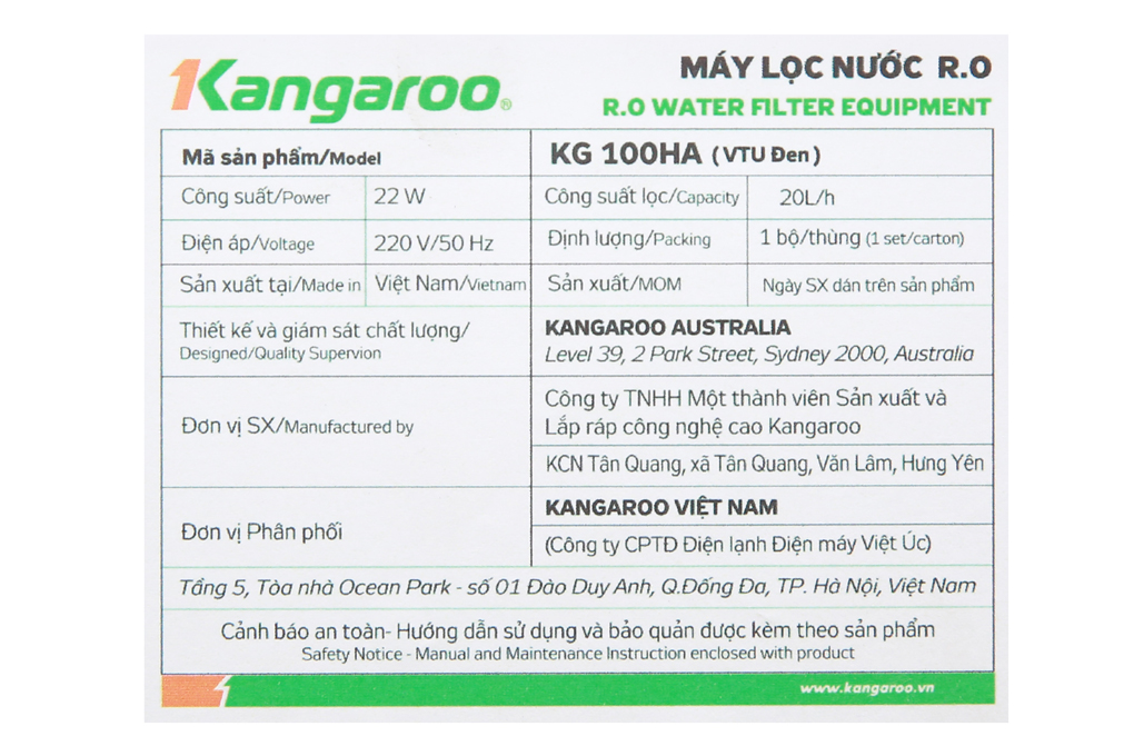 Máy lọc nước R.O Hydrogen Kangaroo VTU KG100HA 9 lõi