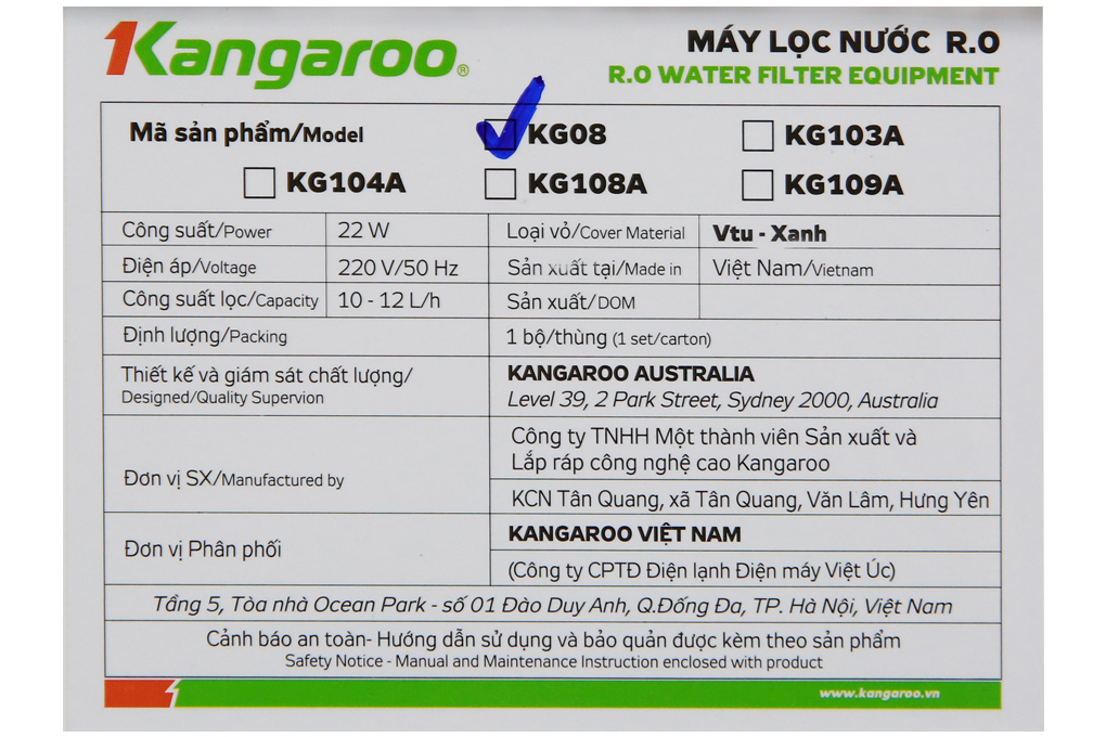 Máy lọc nước RO Kangaroo VTU KG08 6 lõi