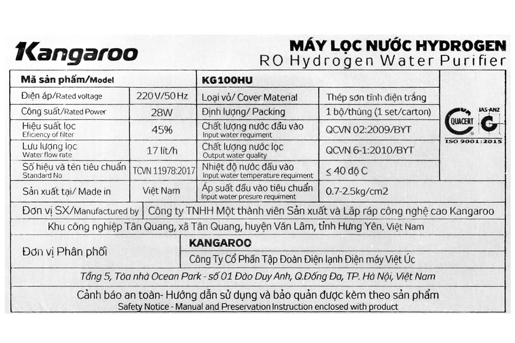 Máy lọc nước R.O Hydrogen Kangaroo KG100HU 5 lõi