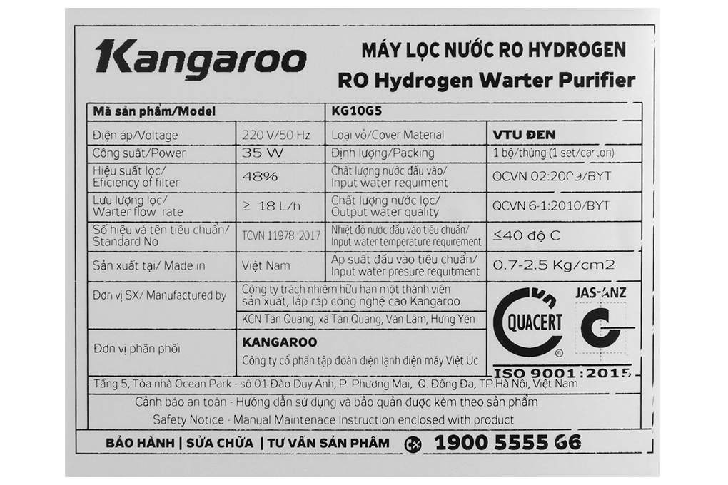 Máy lọc nước R.O Hydrogen Kangaroo KG10G5VTU 10 lõi