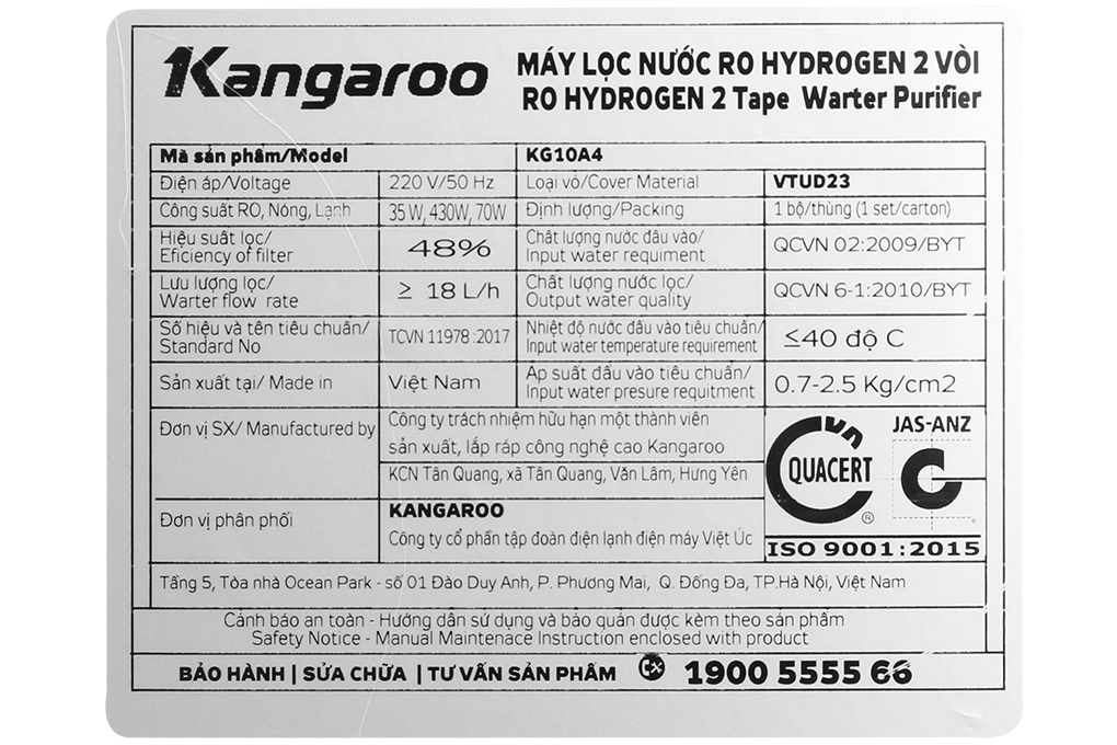 Máy lọc nước R.O nóng lạnh Hydrogen Kangaroo KG10A4VTU 10 lõi