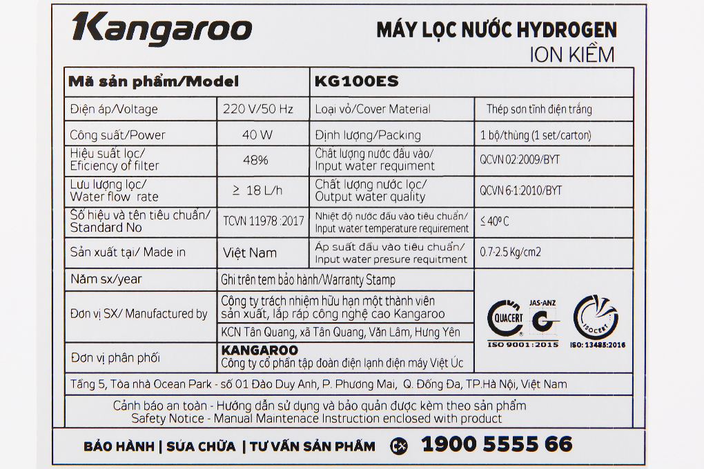 Máy lọc nước RO Hydrogen Kangaroo KG100ES 7 lõi