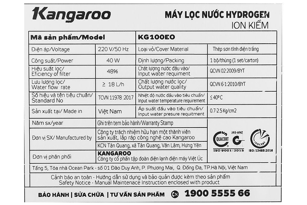 Máy lọc nước RO Hydrogen Kangaroo KG100EO 7 lõi