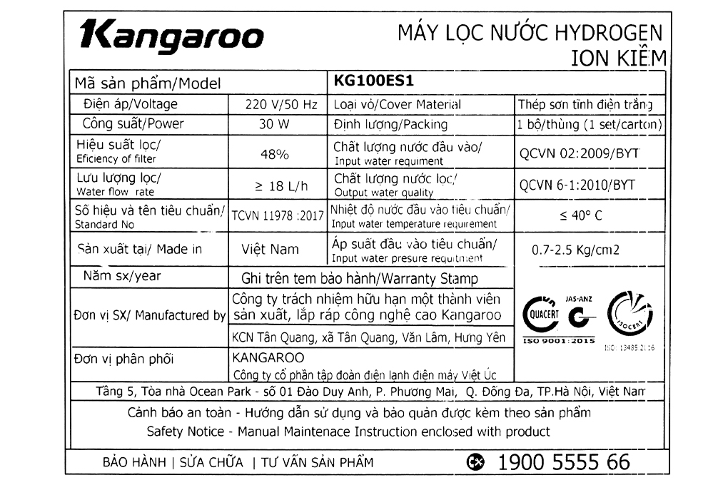 Máy lọc nước RO Hydrogen Kangaroo KG100ES1 5 lõi