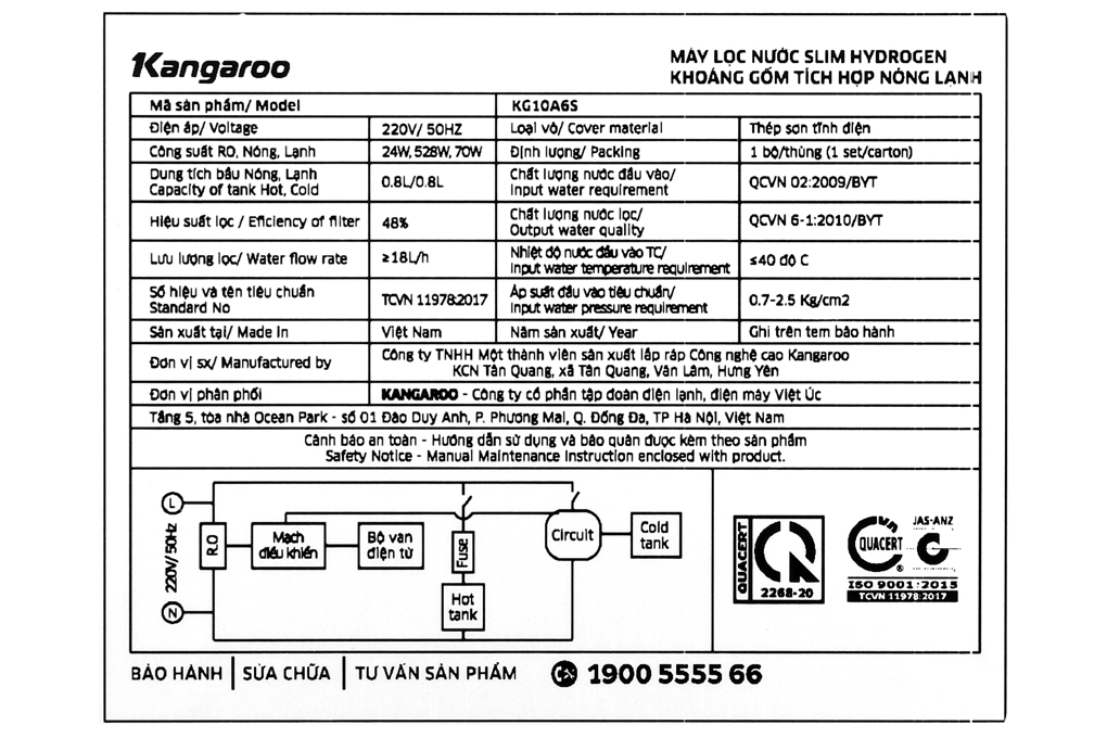 Máy lọc nước RO nóng lạnh hydrogen Kangaroo KG10A6S 7 lõi