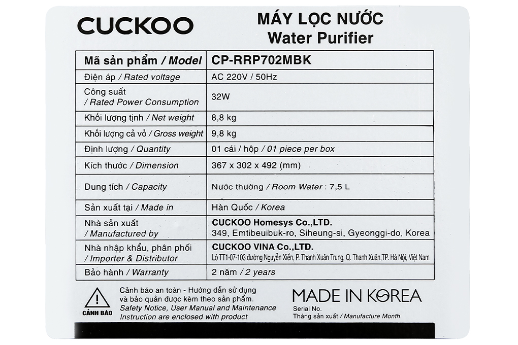 Máy lọc nước RO Cuckoo CP-RRP702MBK 4 lõi