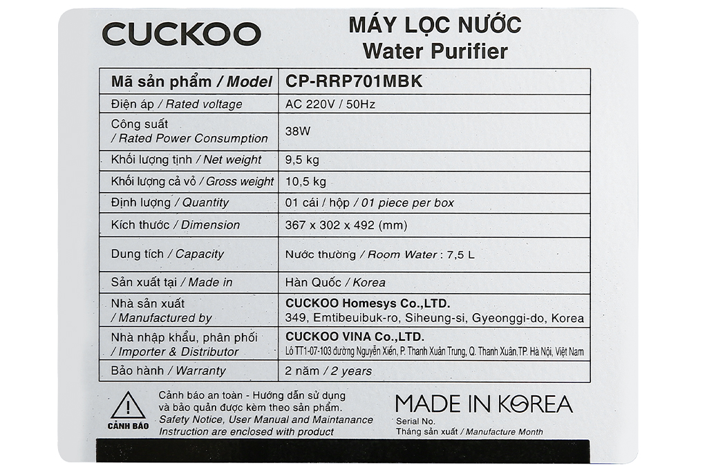Máy lọc nước RO Cuckoo CP-RRP701MBK 4 lõi