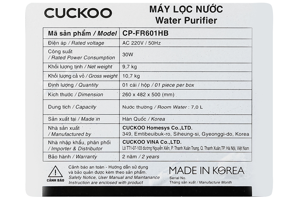 Máy lọc nước RO Cuckoo CP-FR601HB 4 lõi