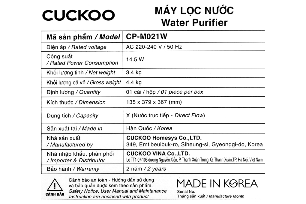 Máy lọc nước UF Cuckoo CP-M021W 3 lõi