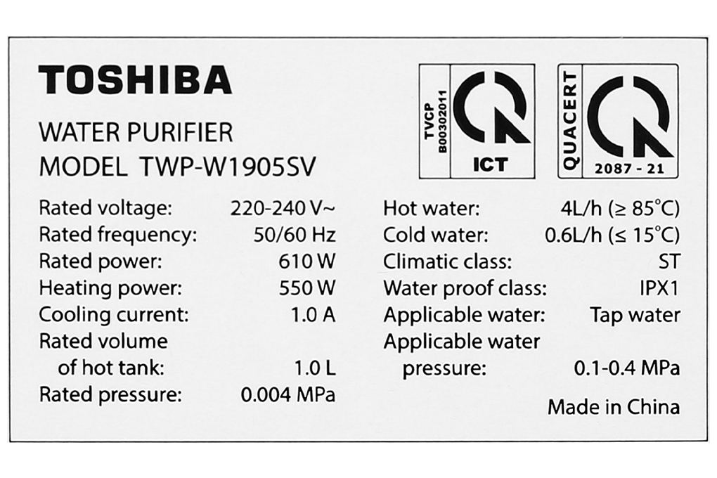 Máy lọc nước RO nóng nguội lạnh Toshiba TWP-W1905SV(MB) 3 lõi