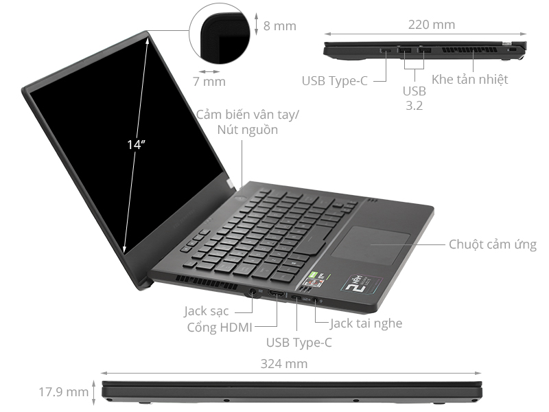 Laptop Asus Rog Zephyrus Gaming G14 GA401QH R7 5800HS/8GB/512GB/4GB GTX1650/144Hz/Túi/Win10 (HZ035T)