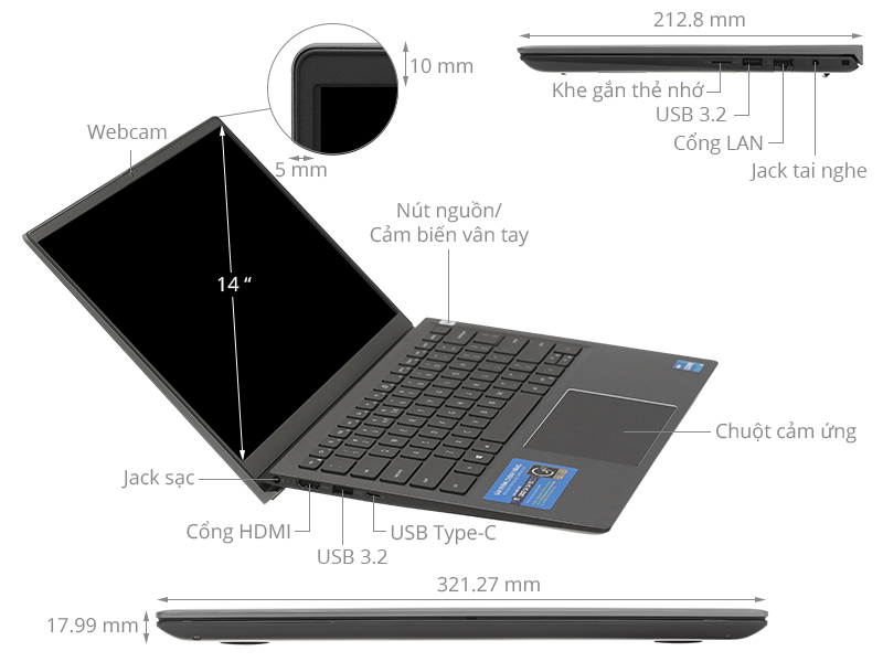Laptop Dell Vostro 5410 i5 11300H/8GB/512GB/Office H&S2019/Win10 (V4I5014W)