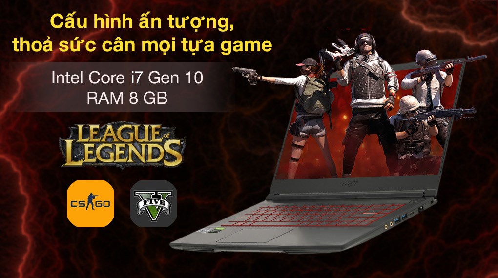 Laptop MSI Gaming GF63 Thin 10SC i7 10750H/8GB/512GB/4GB GTX1650 Max-Q/144Hz/Balo/Chuột/Win10 (480VN)