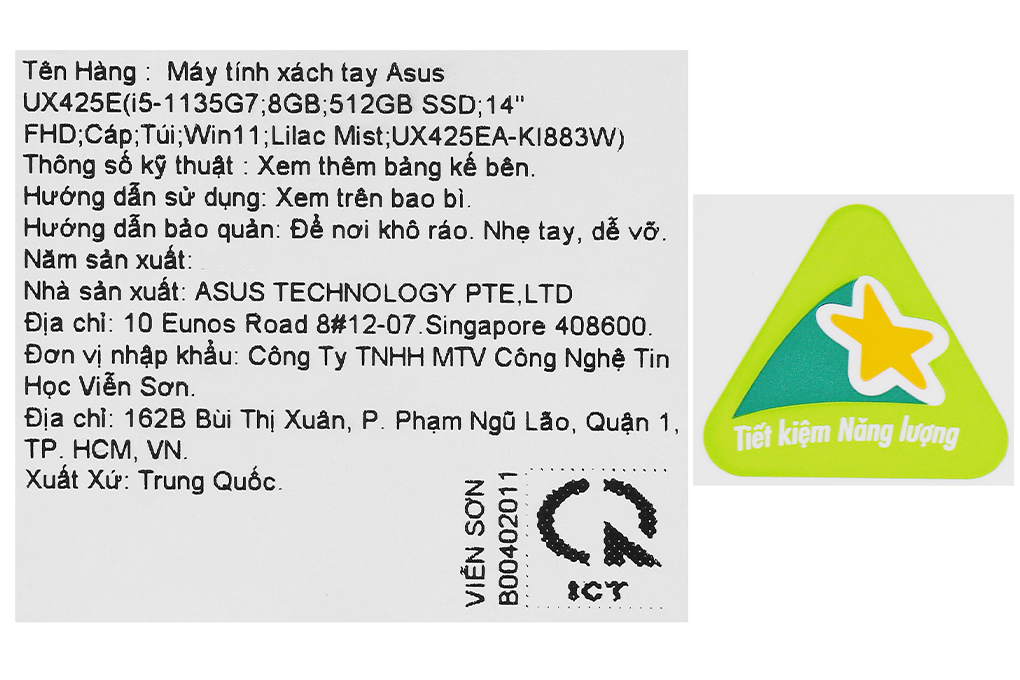 Laptop Asus ZenBook UX425EA i5 1135G7/8GB/512GB/Cáp/Túi/Win11 (KI883W)
