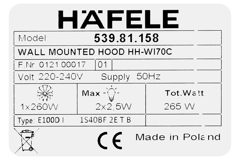 Máy hút mùi áp tường Hafele HH-WI70C (539.81.158)