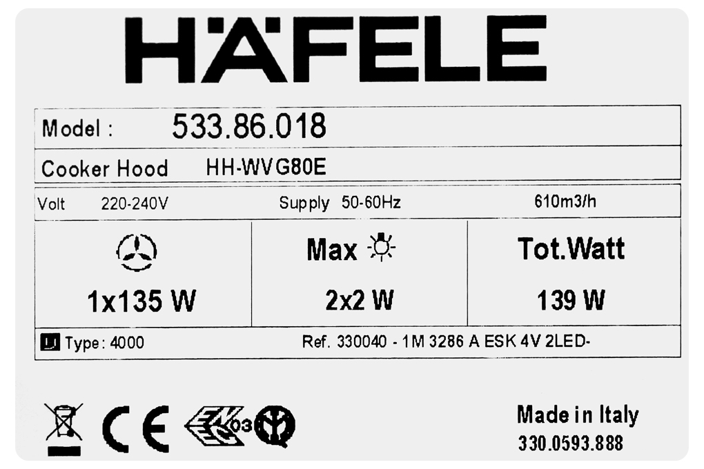 Máy hút mùi áp tường Hafele HH-WVG80E (533.86.018)