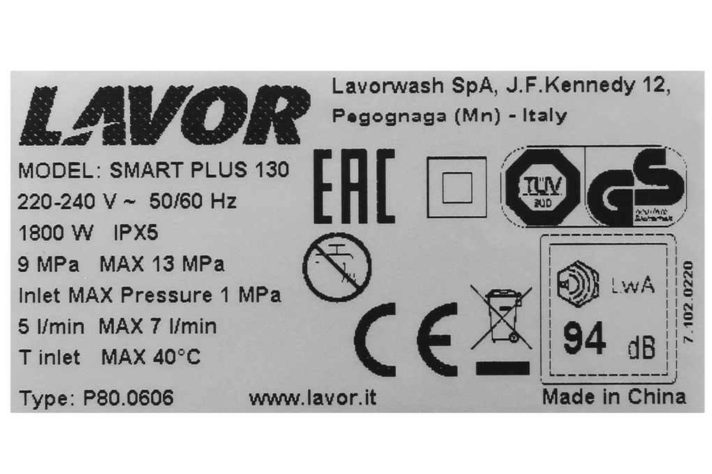 Máy xịt rửa áp lực cao Lavor Smart Plus 130 1800W