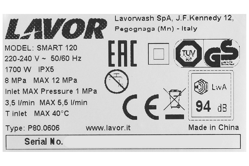 Máy xịt rửa áp lực cao Lavor Hero SMART120 1700W
