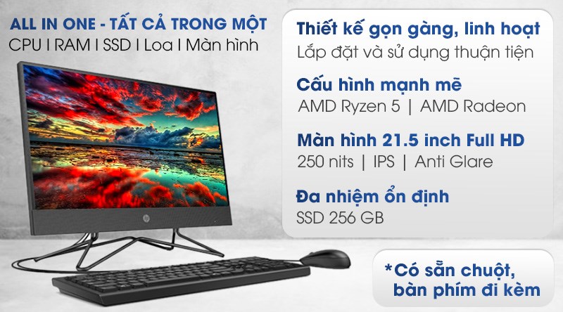 HP 205 Pro G4 AIO R5 4500U/8GB/256GB/21.5 inch Full HD/Bàn phím/Chuột/Win10 (31Y60PA)
