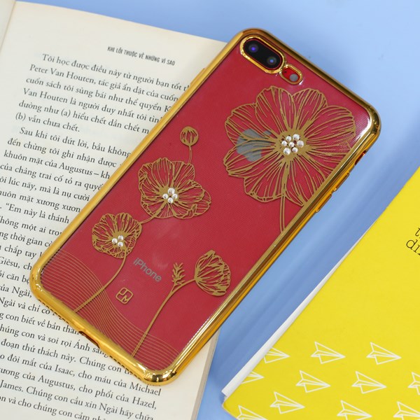 Ốp lưng iPhone 7/8+ nhựa dẻo Electro Crystal JM Hoa sen gold