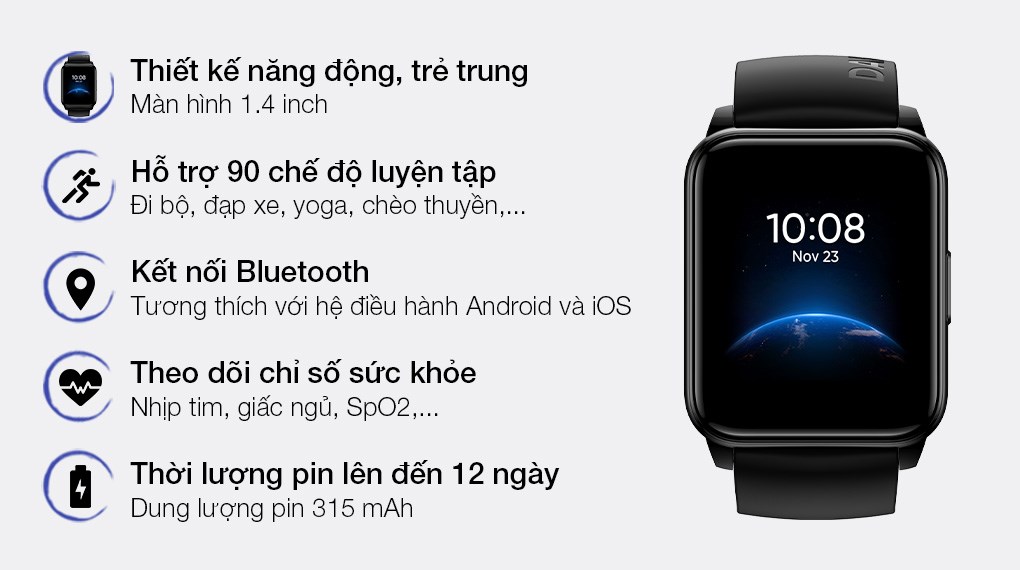 Đồng hồ thông minh Realme Watch 2 dây silicone đen
