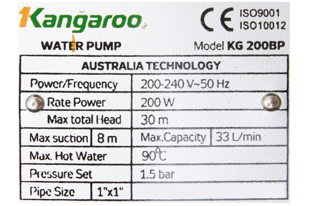 Máy bơm nước đẩy cao chân không Kangaroo KG 200BP 200W