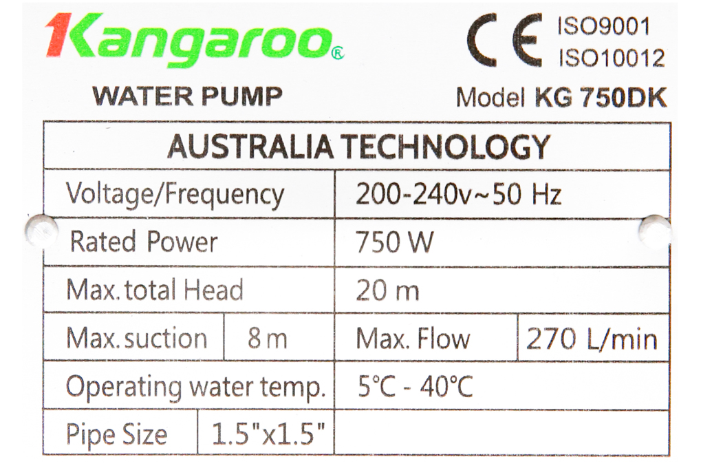 Máy bơm nước đẩy cao ly tâm Kangaroo KG 750DK 750W